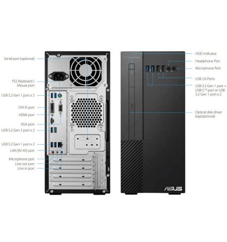 Системный блок компьютер ASUS ExpertCenter X5 Mini Tower X500MA-R5600G0050 AMD Ryzen 5 5600G 3.8-4.0GHz/16GB DDR4/M.2 NVMe 256GB SSD/AMD Radeon Graphics/HD 7.1 Ch. Audio, 300W (80+ Bronze, peak 350W), Wired keyboard and optical mouse