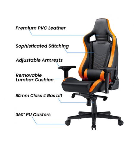Игровое кресло Lumi Premium Gaming Chair CH06-34 with Headrest & Lumbar Support CH06-34, Black/Orange, PVC Leather, 4D Armrest, Steel Frame, 350mm Nylon Plastic Base, PU Caster, 80mm Class 4 Gas Lift, Weight Capacity 180 Kg