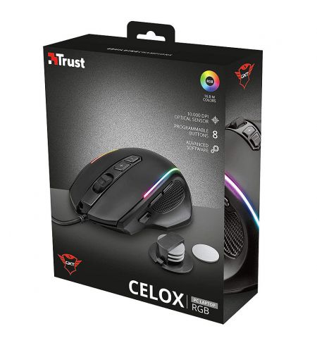 Мышь игровая Trust Gaming GXT 165 Celox RGB Mouse, 200 - 10000 dpi, 8 Programmable button, RGB lighting, Adjustable weight, 1,8 m USB, Black