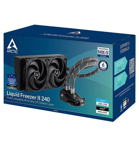 Arctic Liquid Freezer II 240 Multi Compatible All-In-One CPU Water Cooler, Intel 1700, 1200, 115X, 2011-3, 2066, AMD AM5, AM4, VRM Fan: 40mm 1000–3000rpm, Pump: 800–2000rpm, 2x120mm Fan 200–1800rpm, Fluid Dynamic Bearing, ACFRE00046B Arctic Liquid Freezer II 240 Multi Compatible All-In-One CPU Water Cooler, Intel 1700, 1200, 115X, 2011-3, 2066, AMD AM5, AM4, VRM Fan: 40mm 1000–3000rpm, Pump: 800–2000rpm, 2x120mm Fan 200–1800rpm, Fluid Dynamic Bearing, ACFRE00046B