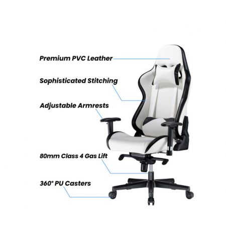 Игровое кресло Lumi Premium Gaming Chair CH06-36 with Headrest & Lumbar Support , Black/White, PVC Leather, 2D Armrest, Steel Frame, 350mm Nylon Plastic Base, PU Caster, 80mm Class 4 Gas Lift, Weight Capacity 180 Kg