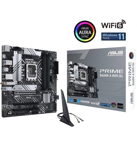 Материнская плата ASUS PRIME B660M-A WIFI D4 Intel B660, LGA1700, Dual DDR4 5333MHz, PCIe 4.0 x16, Display Port/2xHDMI, USB3.2, SATA RAID, 2 x M.2 slots PCIe 4.0 x4, Intel Optane, SB 8-Ch., Wi-Fi 6 802.11ax, GigabitLAN, Aura Sync