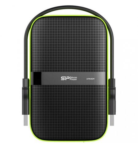 2.5" External HDD 2.0TB (USB3.1)  Silicon Power Armor A60, Black/Green, Rubber + Plastic, Military-Grade Protection MIL-STD 810G, IPX4 waterproof, Advanced internal suspension system keeps the hard drive safe from drops and bumps