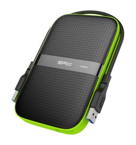 2.5" External HDD 2.0TB (USB3.1)  Silicon Power Armor A60, Black/Green, Rubber + Plastic, Military-Grade Protection MIL-STD 810G, IPX4 waterproof, Advanced internal suspension system keeps the hard drive safe from drops and bumps