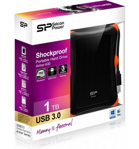 2.5" External HDD 1.0TB (USB3.1)  Silicon Power Armor A30, Black/Orange, Rubber + Plastic, Military-Grade Protection MIL-STD 810G, Internal silica gel suspension system and external silica gel bubbles keeps your hard drive safe from drops and bumps