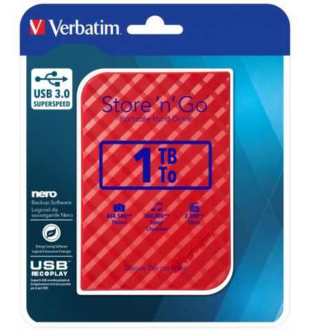 2.5" Внешний HDD Verbatim "Store 'n' Go" / USB3.0 / 1.0TB / Red