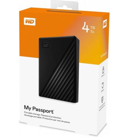 2.5" External HDD 4.0TB (USB3.0)  Western Digital "My Passport", Black, Durable design, Password protection, 256-bit AES hardware encryption, Automatic backup