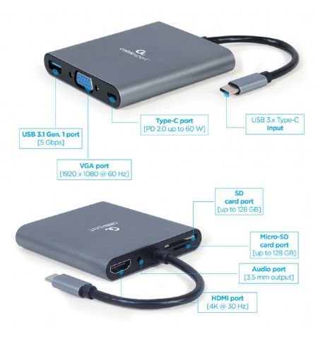 Адаптер 6-in-1 Gembird A-CM-COMBO6-01 / USB3 port, 4K HDMI and Full HD VGA video, stereo audio, card reader and USB Type-C PD charge support