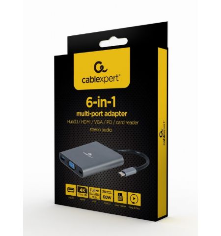 Адаптер 6-in-1 Gembird A-CM-COMBO6-01 / USB3 port, 4K HDMI and Full HD VGA video, stereo audio, card reader and USB Type-C PD charge support