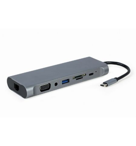 Адаптер 8-in-1 Cablexpert A-CM-COMBO8-01 / USB Type-C 8-in-1 multi-port adapter (Hub3.0 + HDMI + DisplayPort + VGA + PD + card reader + Gigabit LAN port + stereo audio)