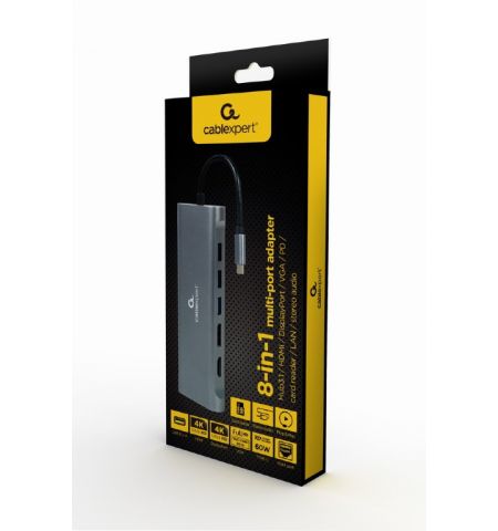 Адаптер 8-in-1 Cablexpert A-CM-COMBO8-01 / USB Type-C 8-in-1 multi-port adapter (Hub3.0 + HDMI + DisplayPort + VGA + PD + card reader + Gigabit LAN port + stereo audio)