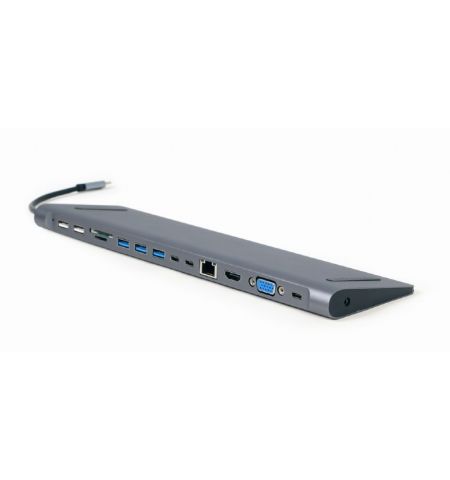 Адаптер 9-in-1 Gembird A-CM-COMBO9-01 / USB hub, 4K HDMI and Full HD VGA video, stereo audio, Gigabit LAN port, card reader and USB Type-C PD charge support