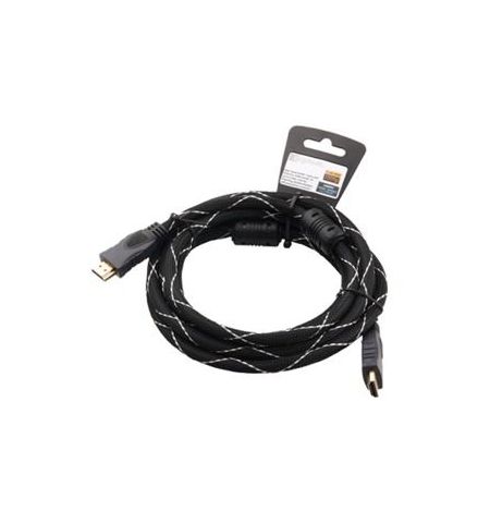 Cable HDMI - 2m - Brackton "Professional" K-HDE-BKR-0200.BS, 2 m, High Speed HDMI® Cable with Ethernet, male-male, up to 2160p 2Kx4K, 3D capable, with 24k gold plated contacts, triple shielded, 2 ferrites, dust caps, black/silver nylon sleeve