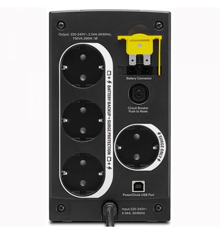 APC Back-UPS BX700U-GR, 700VA/390W, AVR, 4 x CEE 7/7 Schuko (3 Battery Backup, all 4 Surge Protected), LED indicators, PowerChute USB Port APC Back-UPS BX700U-GR, 700VA/390W, AVR, 4 x CEE 7/7 Schuko (3 Battery Backup, all 4 Surge Protected), LED indicators, PowerChute USB Port
