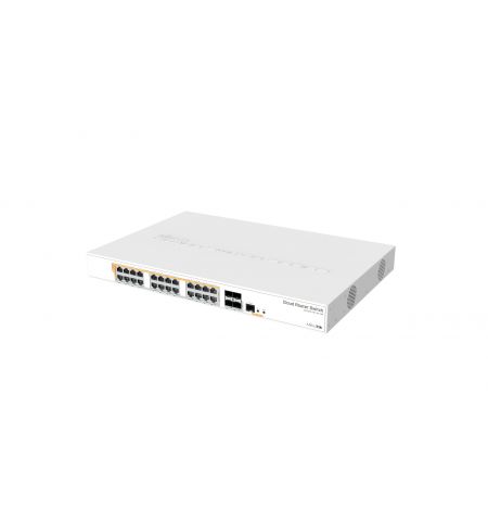 Cloud Router Switch 328-24P-4S+RM with 800 MHz CPU, 512MB RAM, 24xGigabit LAN (all PoE-out), 4xSFP+ cages, RouterOS L5 or SwitchOS (dual boot), 1U rackmount case, 500W built-in PSU
