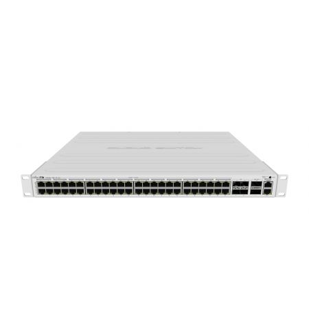 Cloud Router Switch 354-48P-4S+2Q+RM with 48 x Gigabit RJ45 LAN (all PoE-out), 4 x 10G SFP+ cages, 2 x 40G QSFP+ cages, RouterOS L5, 1U rackmount enclosure, 750W PSU