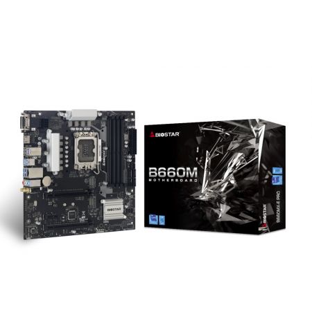 BIOSTAR B660MX-E PRO, Socket 1700, Intel® B660 (13/12th Gen CPU), CPU graphics, VGA, DVI, HDMI, Dual 4xDDR4-4600, 2xPCIe X16 4.0, 4xSATA3, 2xM.2 4.0, RAID, 1xM.2 E-key for Wi-Fi, 1xPCIe X1, ALC897 HDA, 1xGbE LAN, 6xUSB3.2, VIVID LED DJ RGB, mATX