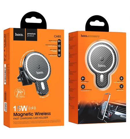 Магнитный автомобильный держатель с сверхбыстрой беспроводной зарядкой HOCO CA85, Black Магнитный автомобильный держатель с сверхбыстрой беспроводной зарядкой HOCO CA85, Black