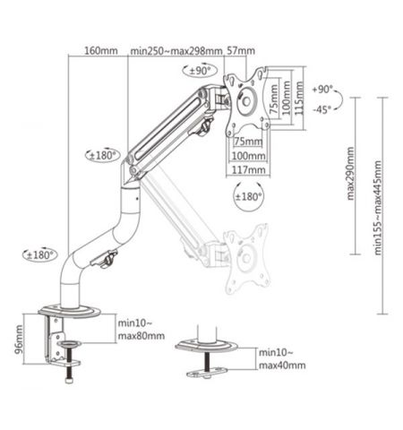 Arm for 1 monitor 17"-32" - Gembird MA-DA1-02, Adjustable desk display mounting arm, Gas spring 2-8kg, VESA 75/100, arm rotates, extends and retracts, tilts to change reading angles, and allows to rotate display from landscape-to-portrait mode