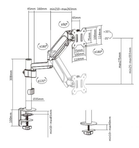 Arm for 1 monitor 17"-32" - Gembird MA-DA1P-01, Adjustable desk display mounting arm, Gas spring 2-9 kg, VESA 75/100, arm rotates, extends and retracts, tilts to change reading angles, and allows to rotate display from landscape-to-portrait mode