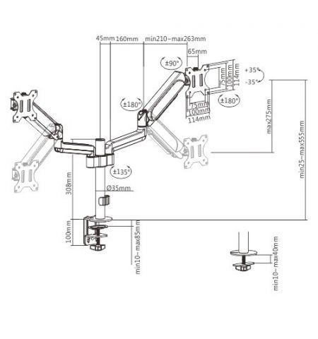 Arm for 2 monitors 17"-32" - Gembird MA-DA2P-01, Adjustable desk 2 displays mounting arm, Gas spring 2-9 kg, VESA 75/100, arm rotates, extends and retracts, tilts to change reading angles, and allows to rotate display from landscape-to-portrait mode