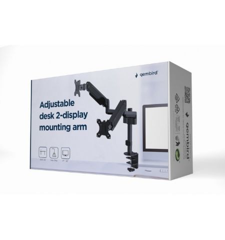 Arm for 2 monitors 17"-32" - Gembird MA-DA2P-01, Adjustable desk 2 displays mounting arm, Gas spring 2-9 kg, VESA 75/100, arm rotates, extends and retracts, tilts to change reading angles, and allows to rotate display from landscape-to-portrait mode