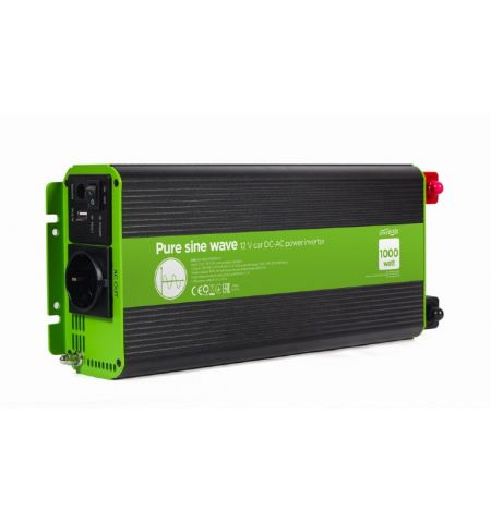 EnerGenie EG-PWC-PS1000-01, 12 V Pure sine wave car DC-AC power inverter, 1000 W, with USB port / 5V-2.1A,  Input: 10-16 VDC (accumulator directly) - Output: 230 VAC +/- 10% at 50 Hz (+/-1Hz), pure sine wave, THD < 3%, 90% efficiency