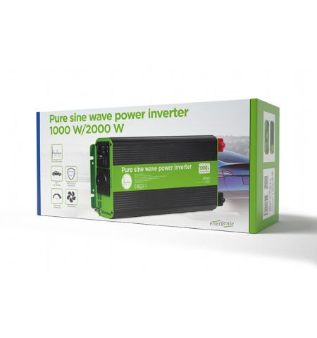 EnerGenie EG-PWC-PS1000-01, 12 V Pure sine wave car DC-AC power inverter, 1000 W, with USB port / 5V-2.1A,  Input: 10-16 VDC (accumulator directly) - Output: 230 VAC +/- 10% at 50 Hz (+/-1Hz), pure sine wave, THD < 3%, 90% efficiency