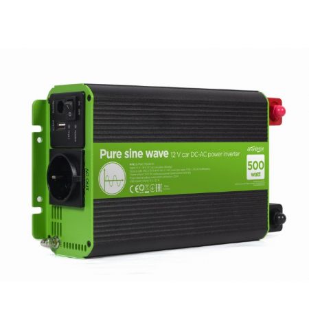 EnerGenie EG-PWC-PS500-01, 12 V Pure sine wave car DC-AC power inverter, 500 W, with USB port / 5V-2.1A, Input: 10-16 VDC (accumulator directly) - Output: 230 VAC +/- 10% at 50 Hz (+/-1Hz), pure sine wave, THD < 3%, 90% efficiency