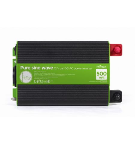 EnerGenie EG-PWC-PS500-01, 12 V Pure sine wave car DC-AC power inverter, 500 W, with USB port / 5V-2.1A, Input: 10-16 VDC (accumulator directly) - Output: 230 VAC +/- 10% at 50 Hz (+/-1Hz), pure sine wave, THD < 3%, 90% efficiency