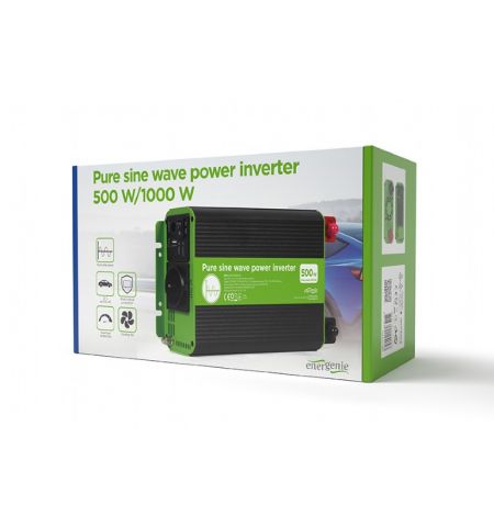 EnerGenie EG-PWC-PS500-01, 12 V Pure sine wave car DC-AC power inverter, 500 W, with USB port / 5V-2.1A, Input: 10-16 VDC (accumulator directly) - Output: 230 VAC +/- 10% at 50 Hz (+/-1Hz), pure sine wave, THD < 3%, 90% efficiency