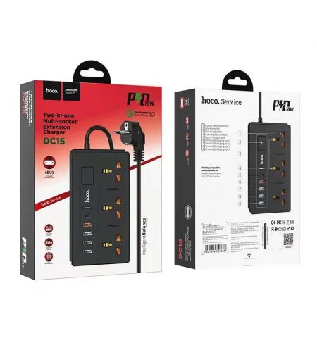 Многогнездовое удлинительное зарядное устройство «два в одном» HOCO DC15 / 4 x USB + USB-C / 30W / Black Многогнездовое удлинительное зарядное устройство «два в одном» HOCO DC15 / 4 x USB + USB-C / 30W / Black
