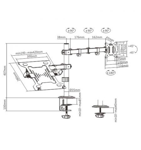 Gembird MA-DA-03,  Adjustable desk mount with monitor arm and notebook tray, Supports monitors up to 32" and notebooks up to 15.6", black Gembird MA-DA-03,  Adjustable desk mount with monitor arm and notebook tray, Supports monitors up to 32" and notebooks up to 15.6", black
