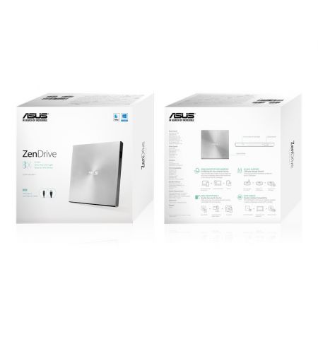 External DVDRW Drive ASUS ZenDrive U9M, Portable Ultra-Slim -13mm, Super-Multi DVDR+8x/-8x, RW+8x/-6x, DL+6x/-6x, M-DISC, Includes two cables for USB Type-C and Type-A, USB2.0 (USB-C/USB-A), Silver, Retail