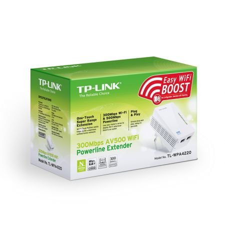 TP-LINK TL-WPA4220  N300 AV500 Powerline Adapter, Compact Size, 300Mbps Powerline Datarate, 1 Lan Port, Power Socket, HomePlug AV, Green Powerline,  Plug and Play, Pair Button, Range 300 meters in house