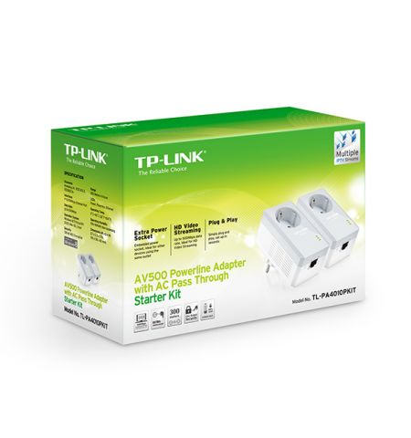 TP-LINK  TL-PA4010P Kit, AV500 Powerline Adapter Starter Kit with AC Passthrough, Compact Size, 500Mbps Powerline Datarate, 1 Lan Port, Power Socket, HomePlug AV, Green Powerline,  Plug and Play, Pair Button, Range 300 meters in house