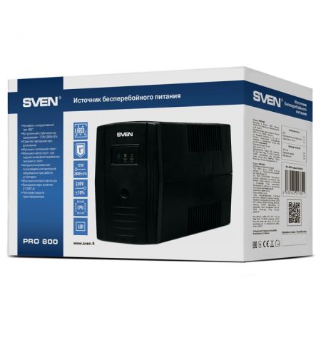 SVEN Pro 800, Line-interactive UPS with AVR, 800VA /480W, 2x Schuko outlets, 1x9AH, AVR: 165-275V, Cold start function, Black SVEN Pro 800, Line-interactive UPS with AVR, 800VA /480W, 2x Schuko outlets, 1x9AH, AVR: 165-275V, Cold start function, Black
