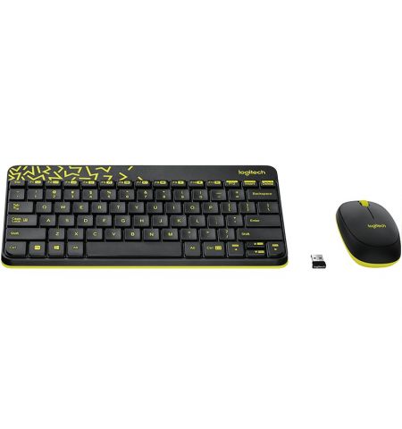 Logitech Wireless Desktop MK240 Nano USB, Keyboard + Mouse, 2.4GHz nano USB receiver, Black/Chartreuse Yellow, Retail - RUS
