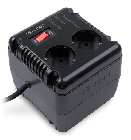 SVEN VR-V1000, 500W, Automatic Voltage Regulator, 2x Schuko outlets+1x ІЕС 320, Input voltage: 184-285V, Output voltage: 230V ± 10%, diod indicators on the front panel, plastic body, Black
