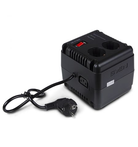 SVEN VR-V1000, 500W, Automatic Voltage Regulator, 2x Schuko outlets+1x ІЕС 320, Input voltage: 184-285V, Output voltage: 230V ± 10%, diod indicators on the front panel, plastic body, Black