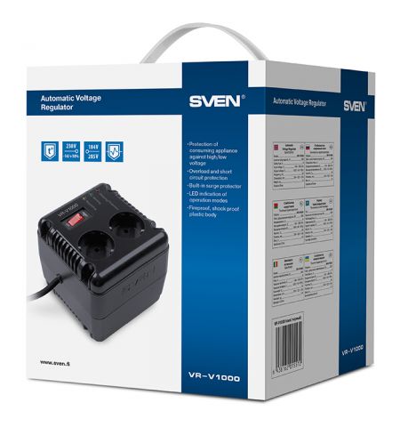 SVEN VR-V1000, 500W, Automatic Voltage Regulator, 2x Schuko outlets+1x ІЕС 320, Input voltage: 184-285V, Output voltage: 230V ± 10%, diod indicators on the front panel, plastic body, Black