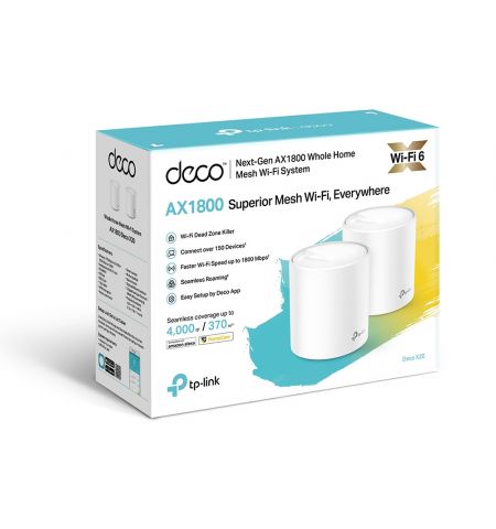 TP-LINK Deco X20(2-pack)  AX1800 Mesh Wi-Fi 6 System, 2 LAN/WAN Gigabit Port, 1201Mbps on 5GHz + 574Mbps on 2.4GHz, 802.11ax/ac/b/g/n, Wi-Fi Dead-Zone Killer, Seamless Roaming with One Wi-Fi Name, Antivirus, Parental Controls TP-LINK Deco X20(2-pack)  AX1800 Mesh Wi-Fi 6 System, 2 LAN/WAN Gigabit Port, 1201Mbps on 5GHz + 574Mbps on 2.4GHz, 802.11ax/ac/b/g/n, Wi-Fi Dead-Zone Killer, Seamless Roaming with One Wi-Fi Name, Antivirus, Parental Controls