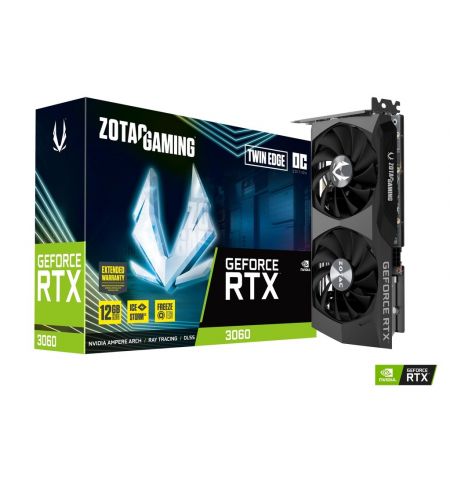ZOTAC GeForce RTX 3060 Twin Edge OC 12GB GDDR6, 192bit, 1807/15000Mhz, Ampere, PCIeX16 4.0, Dual Fan / IceStorm 2.0, 1xHDMI, 3xDisplayPort, Active Fan Control/ FREEZE Fan Stop, Cooper Heat pipes, FireStorm, Metal Backplate, 1x 8-pin, Medium Pack