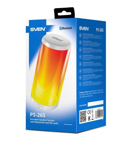 Bluetooth Портативные колонки SVEN PS-265 White / 10W RMS / TWS / RGB 12 lighting modes with Night Light / FM tuner / USB & microSD / White Bluetooth Портативные колонки SVEN PS-265 White / 10W RMS / TWS / RGB 12 lighting modes with Night Light / FM tuner / USB & microSD / White