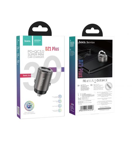 USB автомобильное зарядное устройство HOCO DZ1 PLUS / 2 x USB charger, Total output: 5V/4.8A / up to PD3.0 / QC3.0 / Super mini car charger / Silver USB автомобильное зарядное устройство HOCO DZ1 PLUS / 2 x USB charger, Total output: 5V/4.8A / up to PD3.0 / QC3.0 / Super mini car charger / Silver