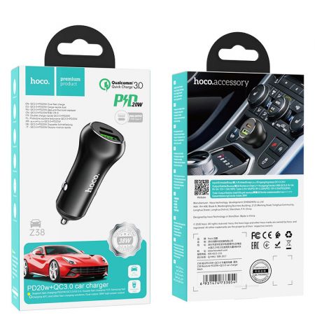 USB автомобильное зарядное устройство HOCO Z38 Resolute / 1 x USB + 1 x USB-C / Total output: 38W / up to PD3.0 / QC3.0 / Black USB автомобильное зарядное устройство HOCO Z38 Resolute / 1 x USB + 1 x USB-C / Total output: 38W / up to PD3.0 / QC3.0 / Black