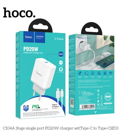 USB-зарядное устройство HOCO C104A Stage Single port / 1 x USB-C / up to PD20W / QC3.0 / White USB-зарядное устройство HOCO C104A Stage Single port / 1 x USB-C / up to PD20W / QC3.0 / White
