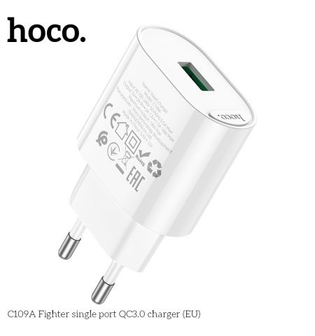 USB-зарядное устройство HOCO C109A Fighter Single port / 1 x USB / up to PD20W / up to QC3.0 / White