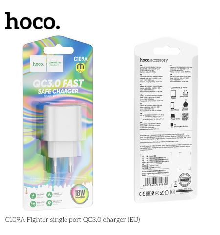 USB-зарядное устройство HOCO C109A Fighter Single port / 1 x USB / up to PD20W / up to QC3.0 / White USB-зарядное устройство HOCO C109A Fighter Single port / 1 x USB / up to PD20W / up to QC3.0 / White