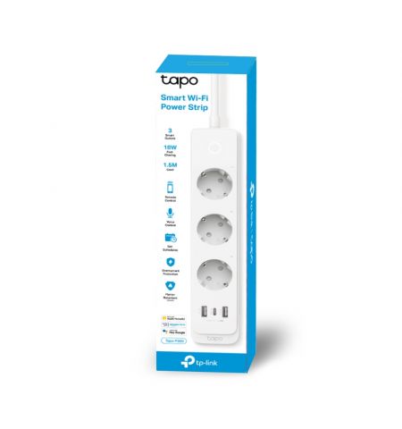 Power Strip  TP-LINK Tapo P300, White, Smart Wi-Fi Power Strip, 3 x Smart sockets / USB-C / 2 x USB-A, Individual Control, Maximum Load: 23kw / 10A, up to 18W PD and QC3.0, Schedule & Timer, Remote Control, Away Mode
